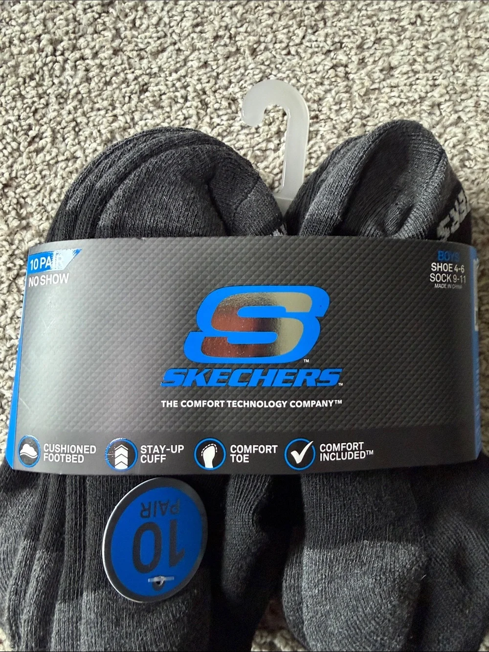 Skechers Boy’s No-Show Athletic Socks in Black and Charcoal